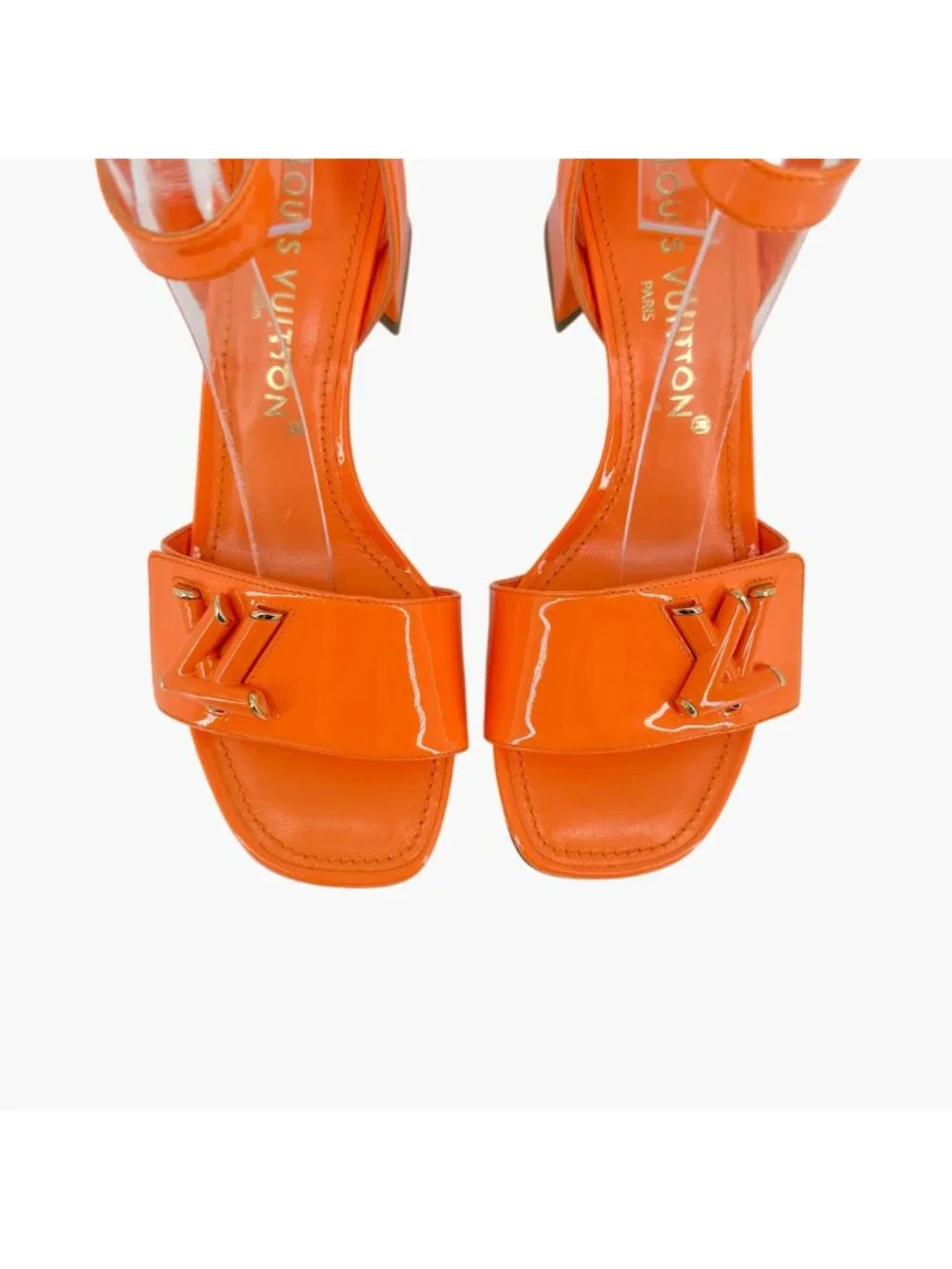 Louis Vuitton Shake LV Turnlock Sandals Orange Patent Leather Size 37 US 7 Logo